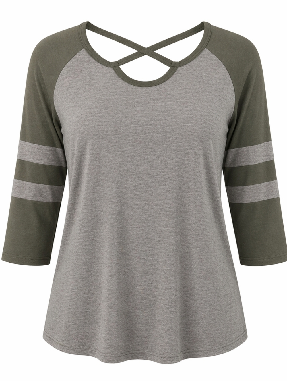 Moa Moa L Olive Gray Crisscross Neck 3/4 Sleeve Stretch Top